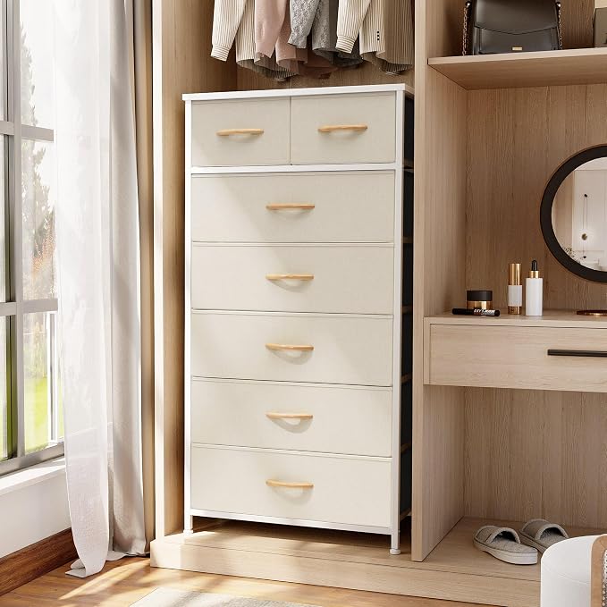 Crestlive Products Vertical Dresser Storage Tower - Sturdy Steel Frame, Wood Top, Easy Pull Fabric Bins, Wood Handles - Organizer Unit for Bedroom, Hallway, Entryway, Closets - 7 Drawers (Beige) - Image 7