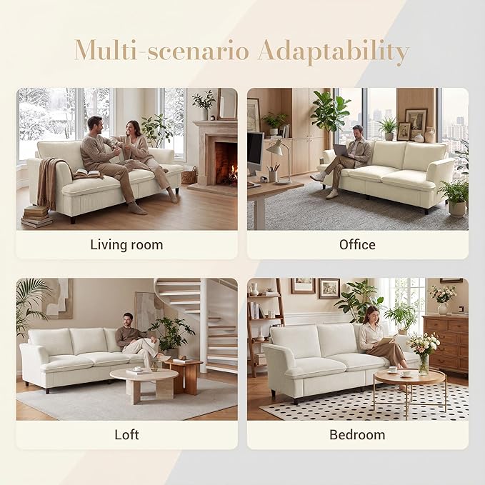 3 Seater Corduroy Couch, 89" Comfy Couch with Deep Seat, Modern Sofa Couch for Living Room, Office, Bedroom, Apartment (Pillows not Included) | Breathable material, Pet - friendly, Strong support