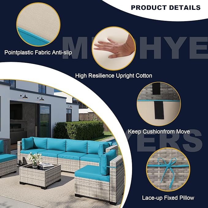 15-Piece Outdoor Patio Furniture Set with 55,000 BTU Fire Pit Table, PE Wicker Rattan Sectional Sofa Conversation Set - All-Weather Garden, Backyard Furniture, Turquoise