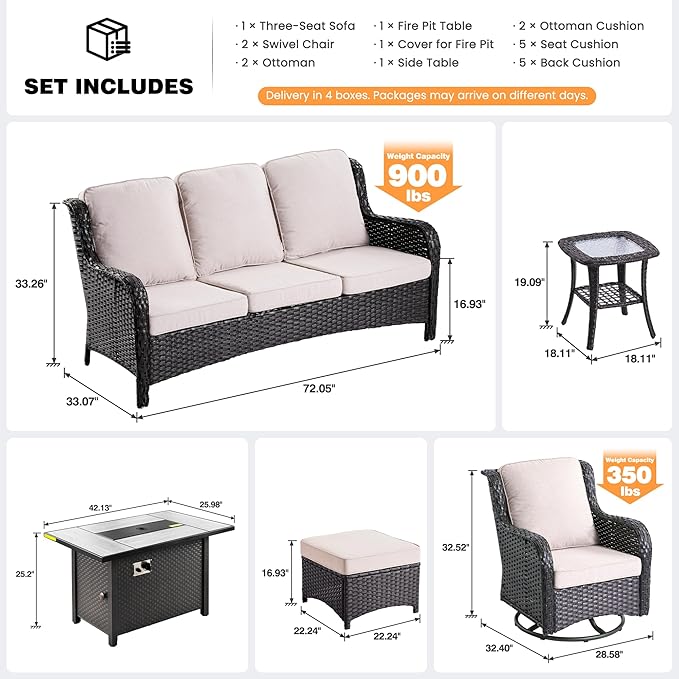 ovios 7-Piece Patio Furniture Set with Swivel Chairs Coffee Table, Outdoor Wicker Sofa with 42" Fire Pit Table, High Back Couch Modern Conversation Sets, Brown/Beige