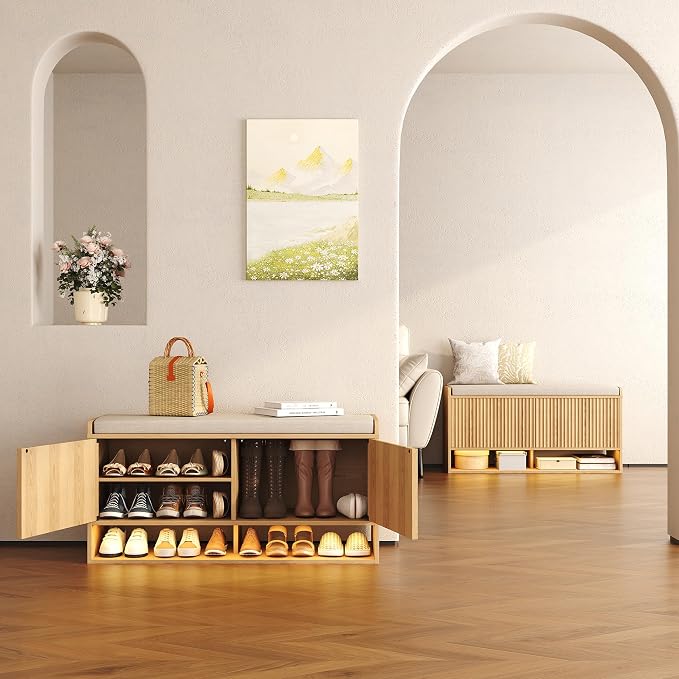 HOMEFORT 39.4" Fluted Shoe Storage Bench, Entryway Bench with Linen Seat Cushion, Shoe Cabinet Bench with Adjustable Shelf and Built-in LED Sensor Light, Bench for Bedroom End of Bed, Natural Oak - Image 3