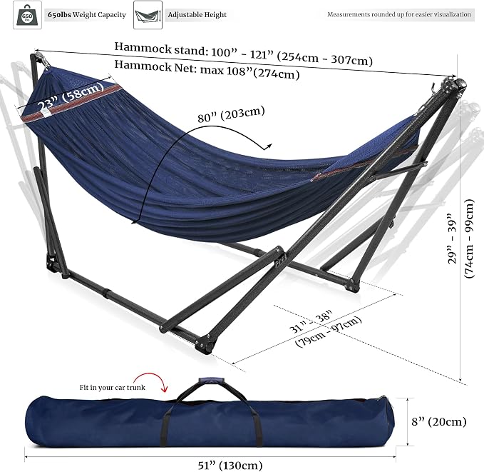 Tranquillo Universal Double Hammock with Stand Included for 2 Persons/Foldable Hammock Stand 600 lbs Capacity Portable Case - Inhouse, Outdoor, Camping, Aegean - Image 6