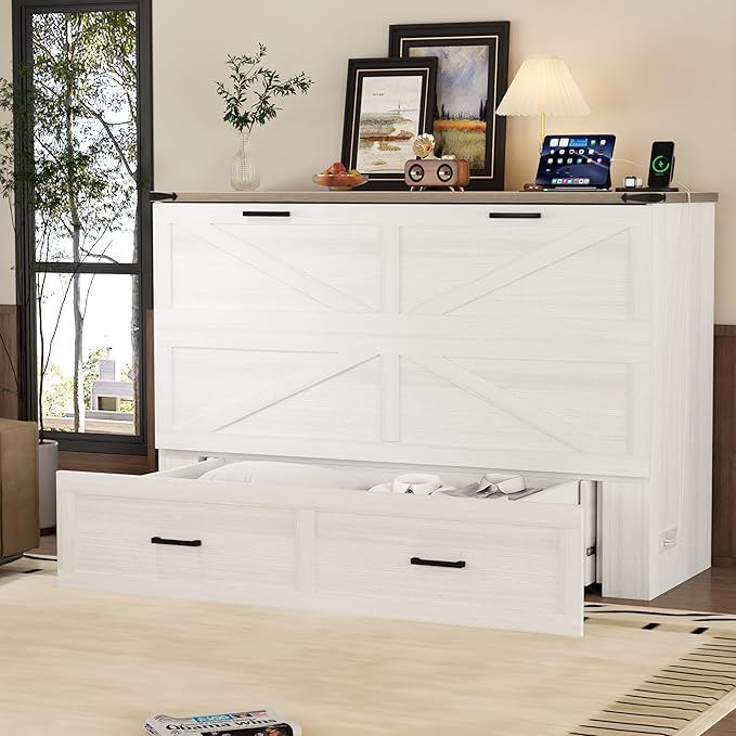 Bellemave Queen Size Murphy Bed, Cabinet Bed with Charging Station and Storage, Farmhouse Murphy Cabinet with Foldable Panel, Noisy Free, for Guest Bedroom, Living Room, Office, White