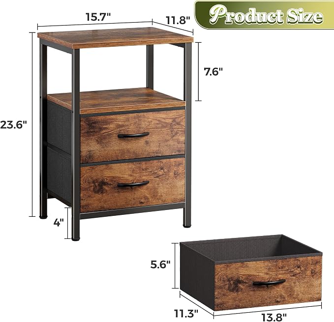 Huuger Night Stand Set of 2, Nightstand with 2 Drawers, Bed Side Table with Open Shelf, Wooden Top, End Table, Fabric Drawer, for Bedroom, Rustic Brown - Image 3