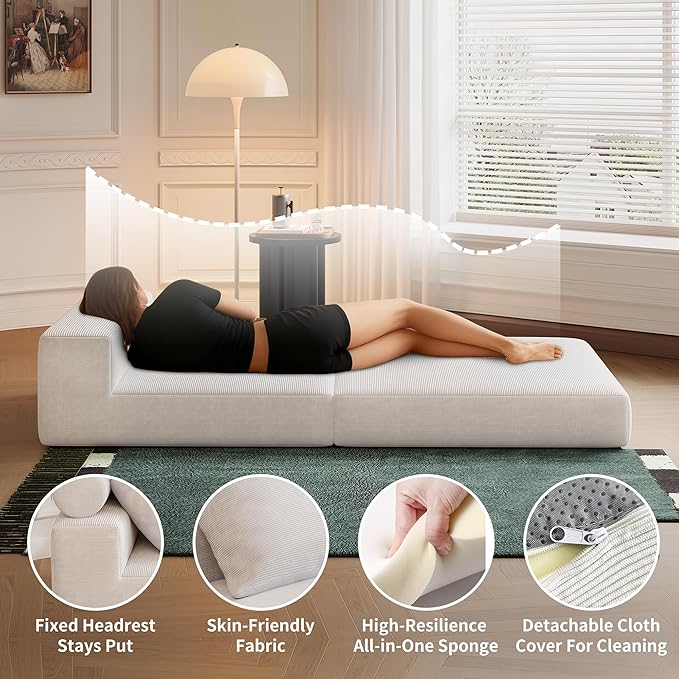 Folding Sofa Bed, 3-in-1 Convertible Sleeper Chair Bed with Pillows, Foldable Floor Couch with High-Density Foam, Futon Small Boneless Couch for Living Room Bedroom Lounge, Single, White