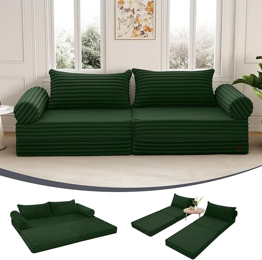 MeMoreCool Convertible Sofa Bed, Folding Floor Couch Bed Queen, Pull Out Sleeper Couch with Pillows, Fold Out Futon Sofa for Bedroom Living Room Small Space, Corduroy Green