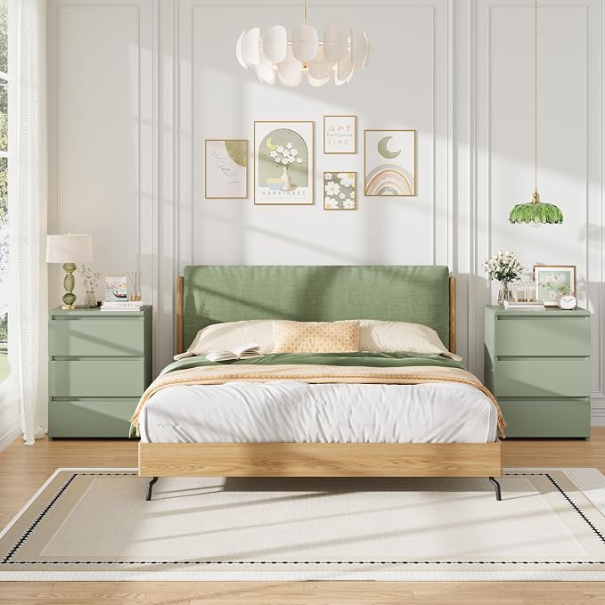 FOTOSOK Nightstand, 26" H Night Stand with Charging Station, Nightstand with USB Ports & Power Outlets, Silent Slides, Wooden End Side Table Bedside Table with 3 Drawers for Bedroom, Green - Image 2
