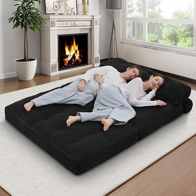 Folding Sofa Bed, Convertible Sleeper Chair with Pillow & Handle, Foldable Mattress Futon Chair Bed Lounge with Back Support, Comfy Floor Sofa for Living Room Bedroom, Black, Full