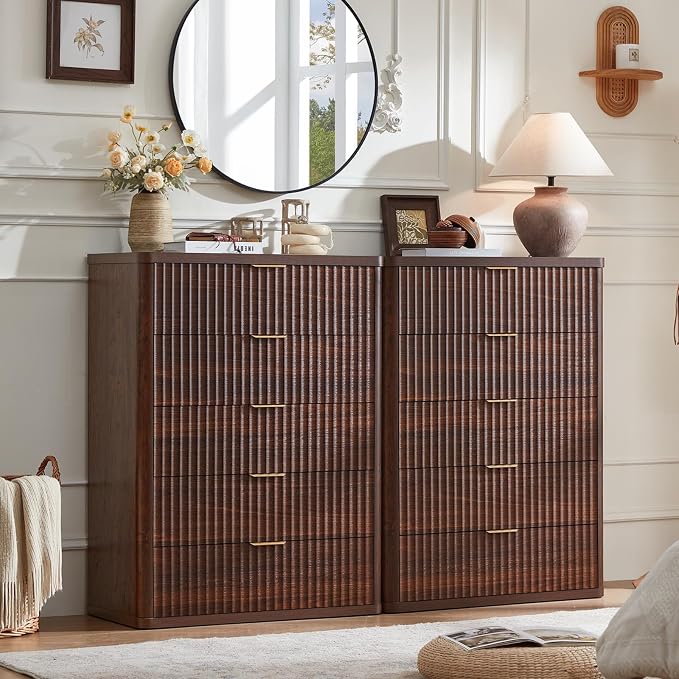 LEYAOYAO Fluted 5 Drawers Dresser for Bedroom, 41" Tall Modern Chest of Drawers with Metal Handle, Curved Profile Farmhouse Closet Organizer Wood Dressers TV Stand for Living Room, Hallway, Walnut - Image 4