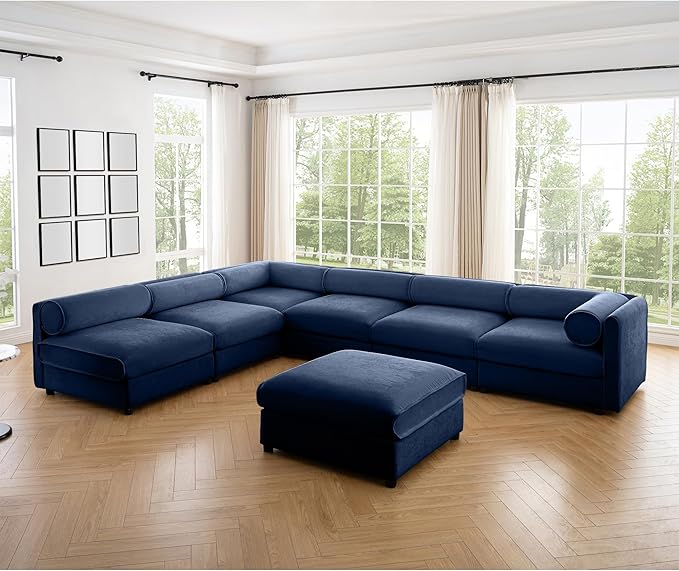 KEIKI 143" Large Modular Chenille Sectional Sofa with Storage Seat, 1 Ottoman, Modern 6-Seater Couch with Cylindrical Backrest and 1 Armrests, Easy Assembly, for Apartment, Living Room, Blue