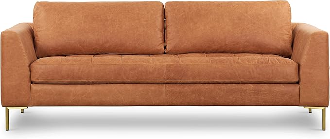 Poly & BARK Calle 90" Sofa, Full-Grain Pure-Aniline Italian Leather, Cognac Tan, Brass Legs