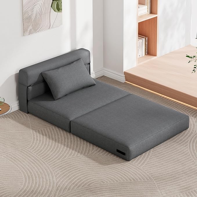 KINGYES 3 in 1 Foldable Chair Bed, Folding Sleeper Chair with Back Cushion, Convertible Chair Bed Sleeper for Adults, Gray