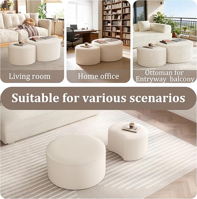 Round Coffee Table Set of 2, Movable Ottoman for Corduroy Cloud Sectional Couches Circle Foam Round Side Table for Living Room, Entryway Set, 32"+17" Footrest No Assembly (Beige, 32"+17")