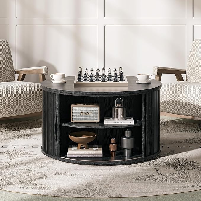 31.5" Round Lift Top Coffee Table with Hidden Storage,Modern Black Drum Coffee Table for Living Room, Wood Fluted Design Center Table for Small Apartment & WFH