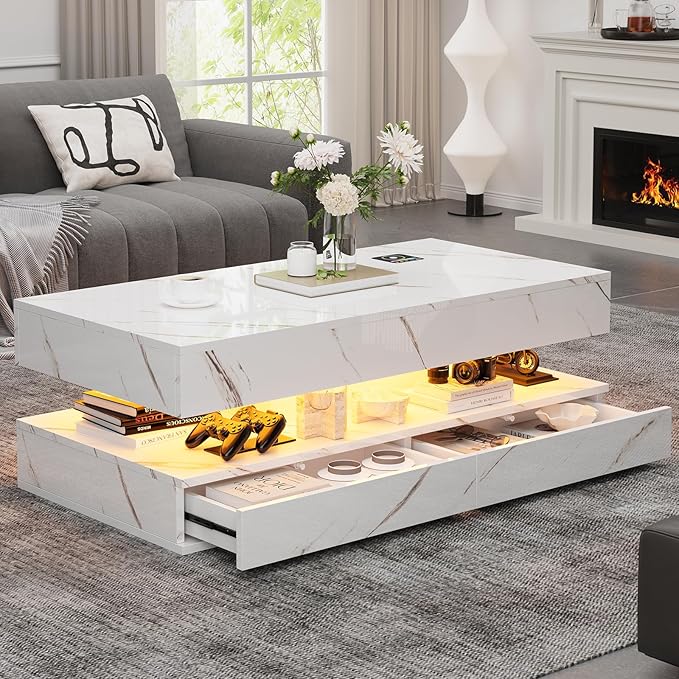 47" Modern LED Coffee Table with 2 Drawers, High Glossy Double-Layer Center Table with Wireless Charging and Built-in Bluetooth Speaker Smart Table for Living Room with Marbling White