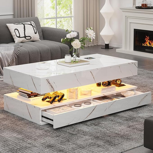47" Modern LED Coffee Table with 2 Drawers, High Glossy Double-Layer Center Table with Wireless Charging and Built-in Bluetooth Speaker Smart Table for Living Room with Marbling White