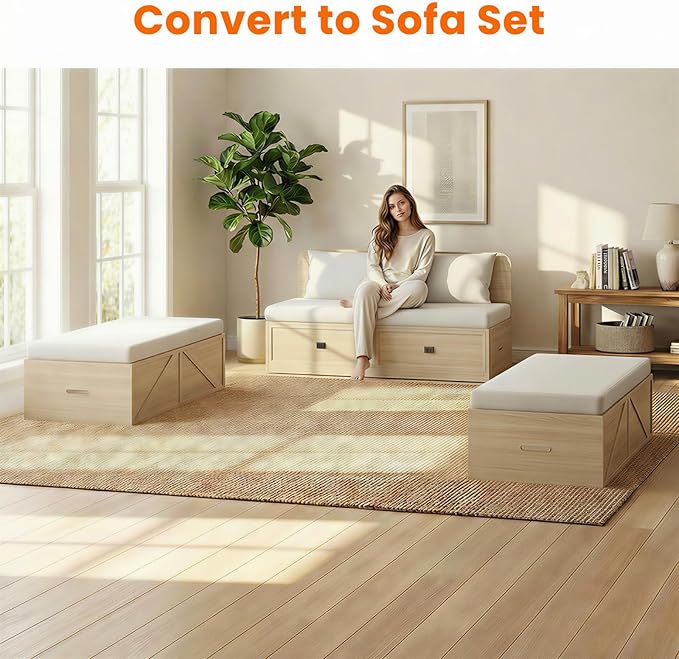 CECER Full Size Murphy Bed with Mattress Include，Murphy Bed Full with Storage Drawers，Multi-Functional Desgin that Converts to Sofa Set for Small Spaces/Guest Room/Bedroom（Natural Wood）