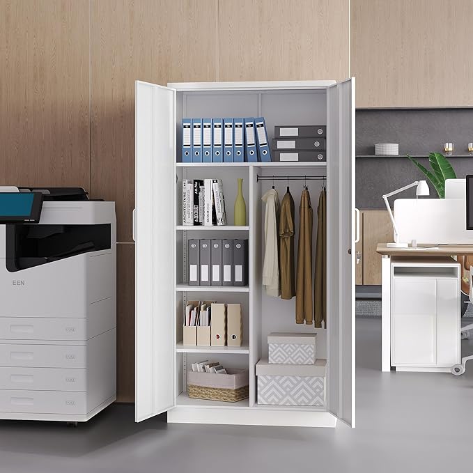 Metal Armoire Wardrobe Closet,72" Metal Storage Cabinet with Lock, 18" D x 36" W Broom Closet with Adjustable Shelves and Hanging Rods, Steel Wardrobe for Home,Bedroom,Office,Employee