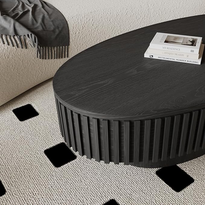 Oval Coffee Table with Storage for Living Room Fluted Pedestal Coffee Table Modern Handcrafted Centre Table for Apartment, Easy Assembly 47.2"x23.6", Black