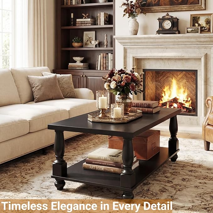 Homieasy Farmhouse Coffee Table with Storage, 47" Rectangular Living Room Center Table with Solid Wood Legs and Thickened Top, 2-Tier Wood Coffee Table with Turned Legs, Easy Assembly, Black