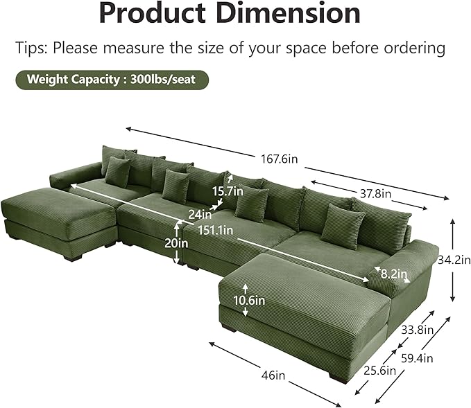 KEIKI 168" U-Shaped Oversized Corduroy Modular Cloud Sectional Sofa with 2 Ottoman, High-Density Foam Cushion, Extra-Thick Armrest, 4-Seater Fluffy Corner Couch with 12 Pillow, for Living Room, Green