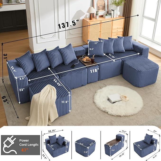 Oversized Cloud Modular Sectional Sofa Boneless Couch with Movable Ottomans,Free Combination Memory Foam Floor Couch with Charging Port & Cup Holders for Living Room | Coffee Table Board, Wireless Charge, No Assembly