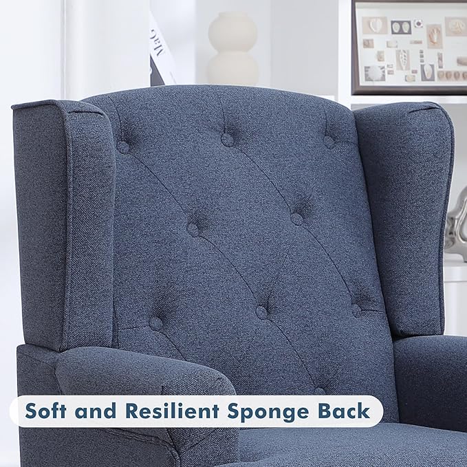 Accent Chair for Living Room, Mid Century Modern Upholstered Armchair, Wingback Chair with Tufted High Back and Solid Legs, Comfy Single Sofa Side Chairs for Bedroom, Blue