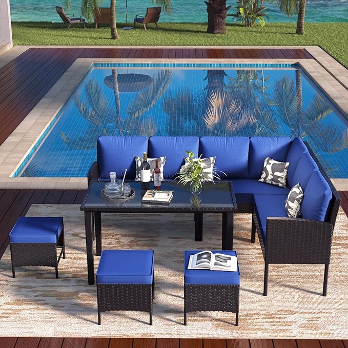 7-Piece Patio Furniture Set, Outdoor Couch with Dining Table & Ottomans, PE Rattan Sofa Set with Cushions for Deck, Yard, Poolside (Blue)