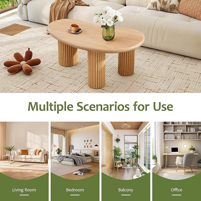 Fluted Coffee Table, 39'' Farmhouse Coffee Tables for Living Room, Low Wood Accent Center Table Small Tea Table with Sturdy Base & Rounded Corners for Small Space Home Office (Natural)