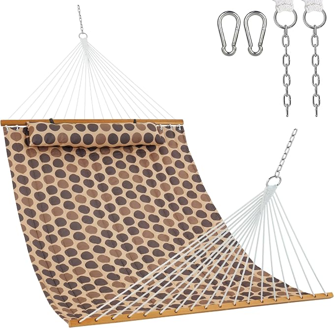 Lazy Daze Hammocks 12FT Quilted Fabric Hammock with Soft Pillow, Double 2 Person Tree Hammock with Spreader Bar for Outside Patio Poolside Backyard Beach, 450 lbs Capacity, Amber Dots by LazyDazeHammocks