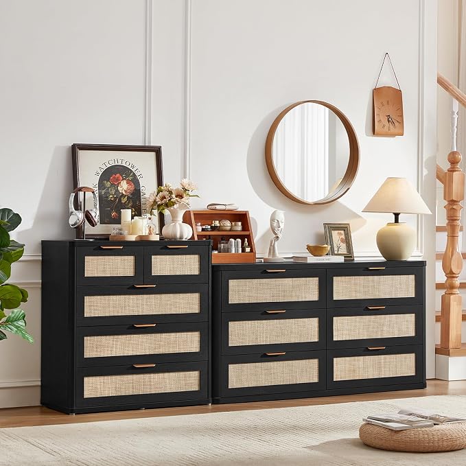 LEYAOYAO Rattan Dresser for Bedroom Set of 2, 33.5" Tall Chest of Drawers, Modern 5 Drawers Boho Dressers with Storage, Light Oak Dresser Wooden Closet Organizer for Living Room, Hallway, Black - Image 6