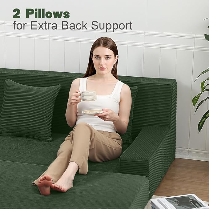 MeMoreCool Boneless Loveseat Sofa Bed – Dark Green Corduroy Convertible Futon Couch, Foldable Floor Sleeper with Foam & Pillow, Washable Cover for Bedroom, Apartment, Small Living Room