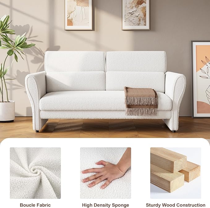 IDEALHOUSE Couches for Living Room, 57" Loveseat Sofa, Modern Boucle Small Couch with High Backrest and Removable Lumbar Pillows, Easy Assembly, Upholstered Comfy Sofa for Bedroom Office, Ivory