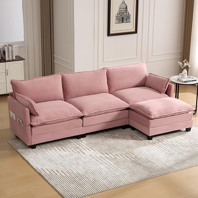 Modular Sectional Sofa Couch with Reversible Ottoman, 103" Oversized Corduroy Cloud Couch, 3 Seat Sectional Sofa with Solid Wood Frame and Side Pockets,for Living Room & Apartment