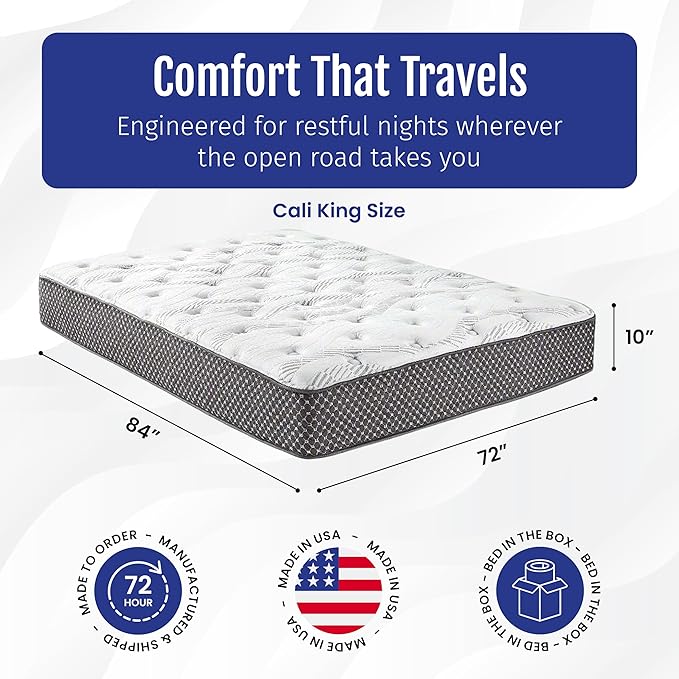 WanderRest Cool Hybrid 10” RV Mattress, Cali King 72x84, Medium, Cooling Gel Memory Foam & Pocketed Coil Mattress for RV, Camper, or Travel Trailer, Made in USA