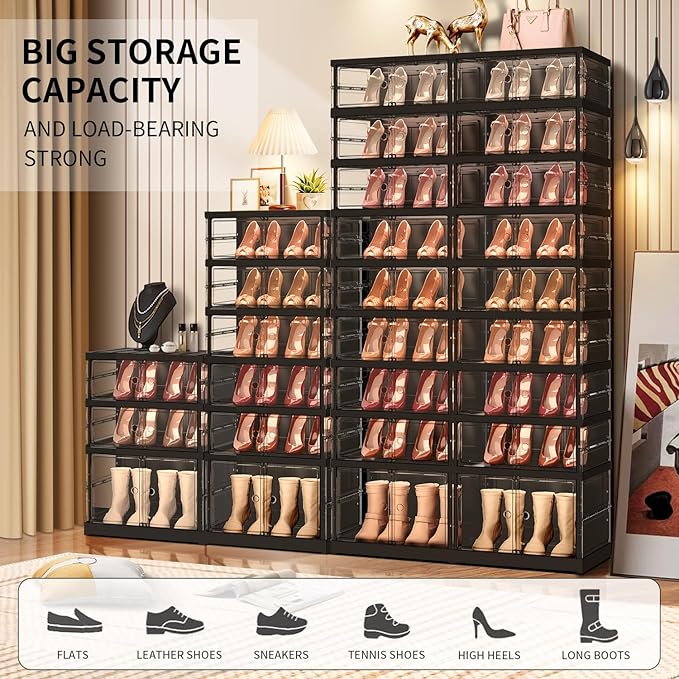 CIMLORD 3 Tier Foldable Shoe Rack for Closet Entryway 3-6 Pairs Stackable Clear Shoe Storage Boxes with Lids Small Shoes Shelf with Door Plastic Organizer Cabinet Easy Assembly Black - Image 4