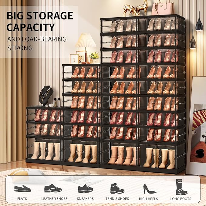 CIMLORD 3 Tier Foldable Shoe Rack for Closet Entryway 6-12 Pairs Stackable Clear Shoe Storage Boxes with Lids Shoes Shelf with Door Plastic Organizer Cabinet Easy Assembly Black - Image 4