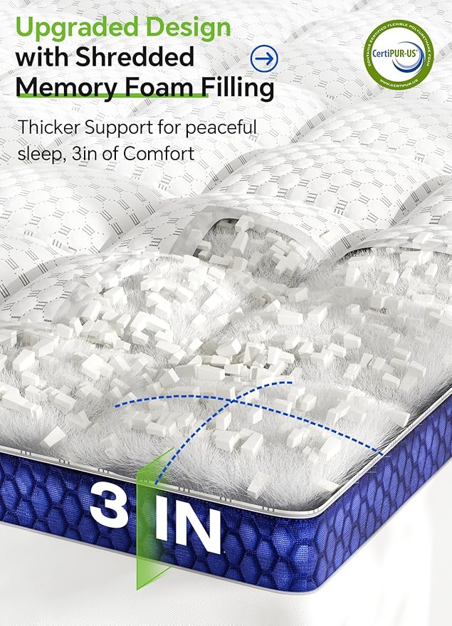 BEDELITE Queen Mattress Topper 3 Inch Thick Mattress Pad, Plush Pillow Top Bed Cover with Elastic Deep Pockets Up to 6-24 Inch for Pressure Relief, Shredded Memory Foam Filling
