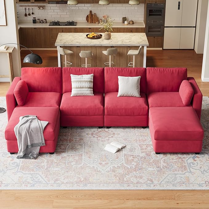 GAOMON Oversized Modular Sectional Sofa, 6 Seater Sectional Couch, 136" U Shaped Sofa with Movable Ottoman, Convertible Modular Couch for Living Room Apartment and Office, Chenille Red