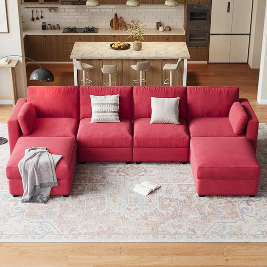 GAOMON Oversized Modular Sectional Sofa, 6 Seater Sectional Couch, 136" U Shaped Sofa with Movable Ottoman, Convertible Modular Couch for Living Room Apartment and Office, Chenille Red