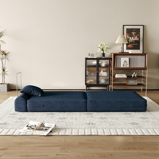 31.5'' Convertible Compressed Corduroy Folding Cloud Sofa Bed Set of 2, 2 Pieces Modern Boneless Pull Out Sleeper Sofa Couch, 3 in 1 Portable Floor Lounge Chair Set, No Assembly Needed, Navy Blue