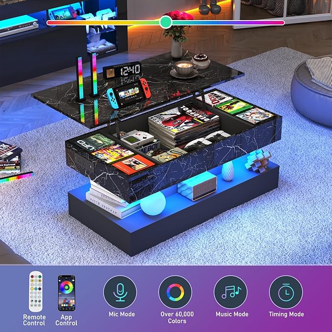 47.2" Large Lift Top Coffee Table, Modern LED High Glossy Coffee Table with Charging Station, Lights, Hidden Compartment Storage, Lift Center Tables for Living Room, Home Office, Black