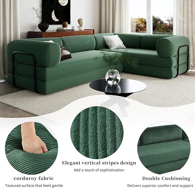 Merax L-Shaped Modular Sofa Bed in Corduroy Fabric, Convertible Sleeper Sofa Bed, 4 Seat Floor Couch for Living Rooms and Apartments, No Assembly Required, Green