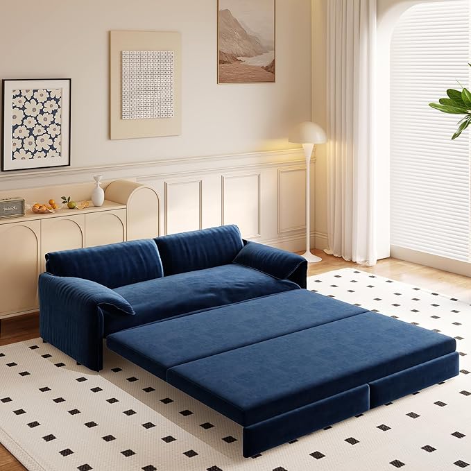 66" Queen Size Pull Out Sofa Bed, 3-in-1 Convertible Sleeper with Side Storage and Wheels, Velvet Loveseat for Living Room, Apartment, Bedroom, Blue (Mattress & Bedding Not Included)