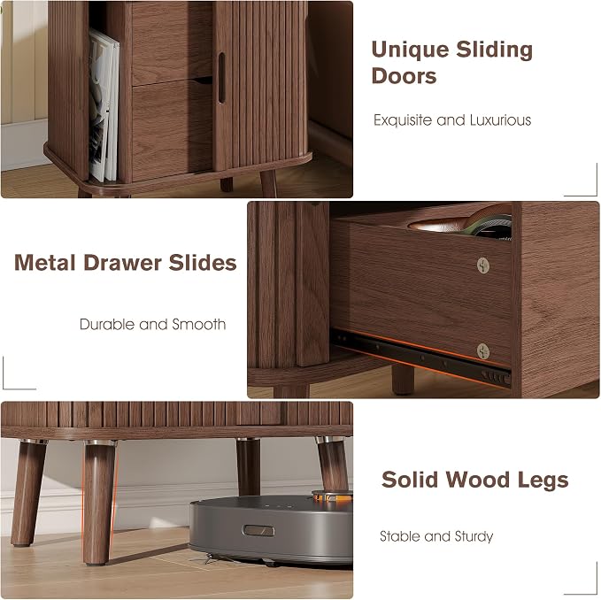 Alohappy 22.4" W Nightstands Set of 2, Mid Century Night Stands with Charging Station, Large Bedside Table with Drawers & Storage Shelf for Bedroom, Modern End Table Side Table for Home(Walnut, 2pcs) - Image 8