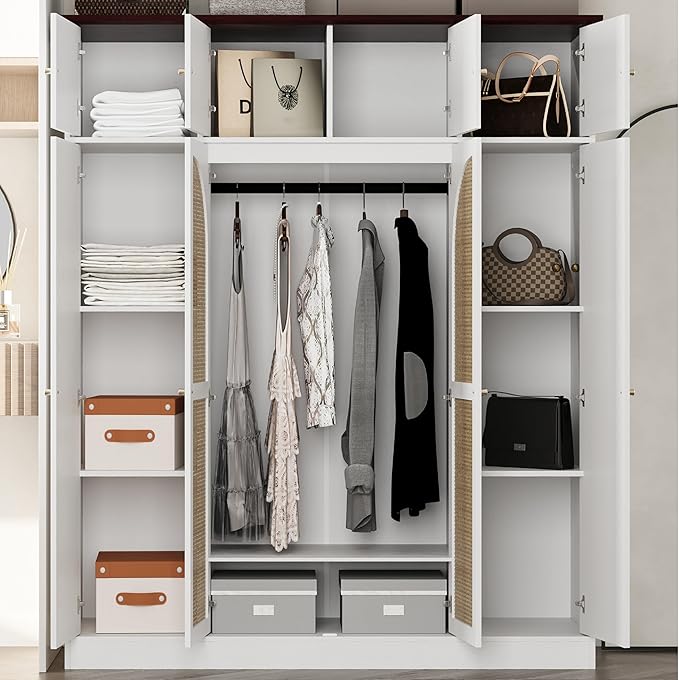 KEIKI Large 8 Doors Wood Wardrobe, Bedroom Tall Armoire Closet Organizer w/Rattan Decorative, Hanging Rails & Adjustable Shelves Clothes Storage Cabinet for Garage & Laundry Room, White