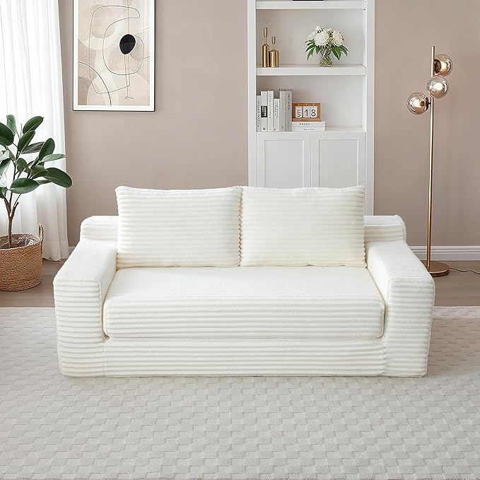 73" Convertible Sofa Bed, 2 in 1 Corduroy Folding Couch with Pillows, No Assembly Boneless Compression Sofa in Box, Loveseat with Side Storage Pocket for Apartment, Living Room, Beige
