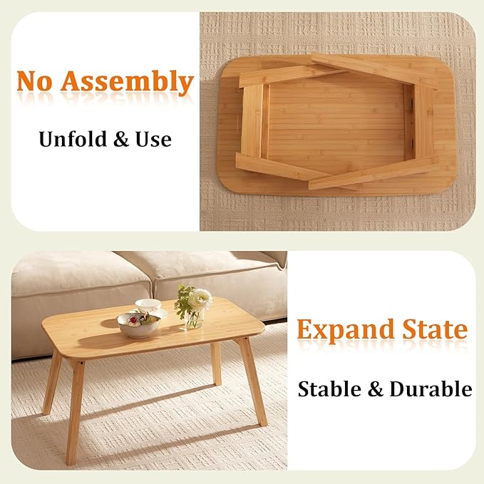 Coffee Table Foldable Mid Century Desk TV Stand with Open Storage Shelf Center Table for Living Room Furniture RV No Assembly, Natural (31.5IN)