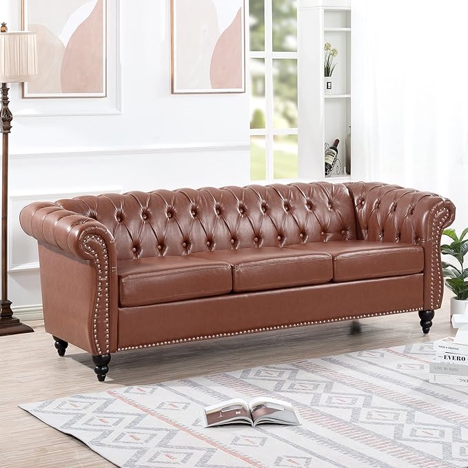 ERYE 84.5-Inch Classic 3 Seat Chesterfield Sofa Couches for Living Room Bedroom, 3 Seaters Button Tufted Faux Leather Upholstered Chesterfield Sofa Couch,Wood Legs | Button Tufted, Easy to Assemble, Nailhead, Removable Cushion