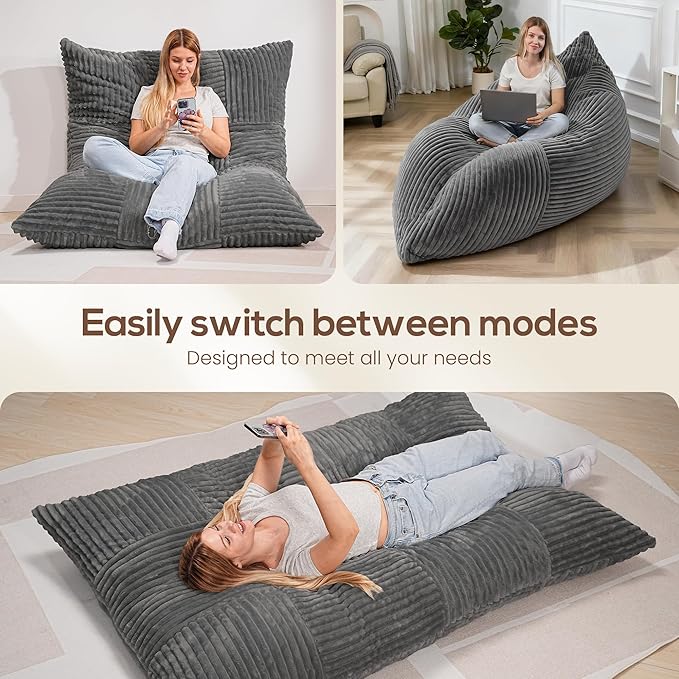 HOMRELEXA Giant Bean Bag Chair, 3-in-1 Convertible Bean Bag Floor Cushion with Washable Cover,Beanbag Chairs for Adult, Living Room, Bedroom, Grey